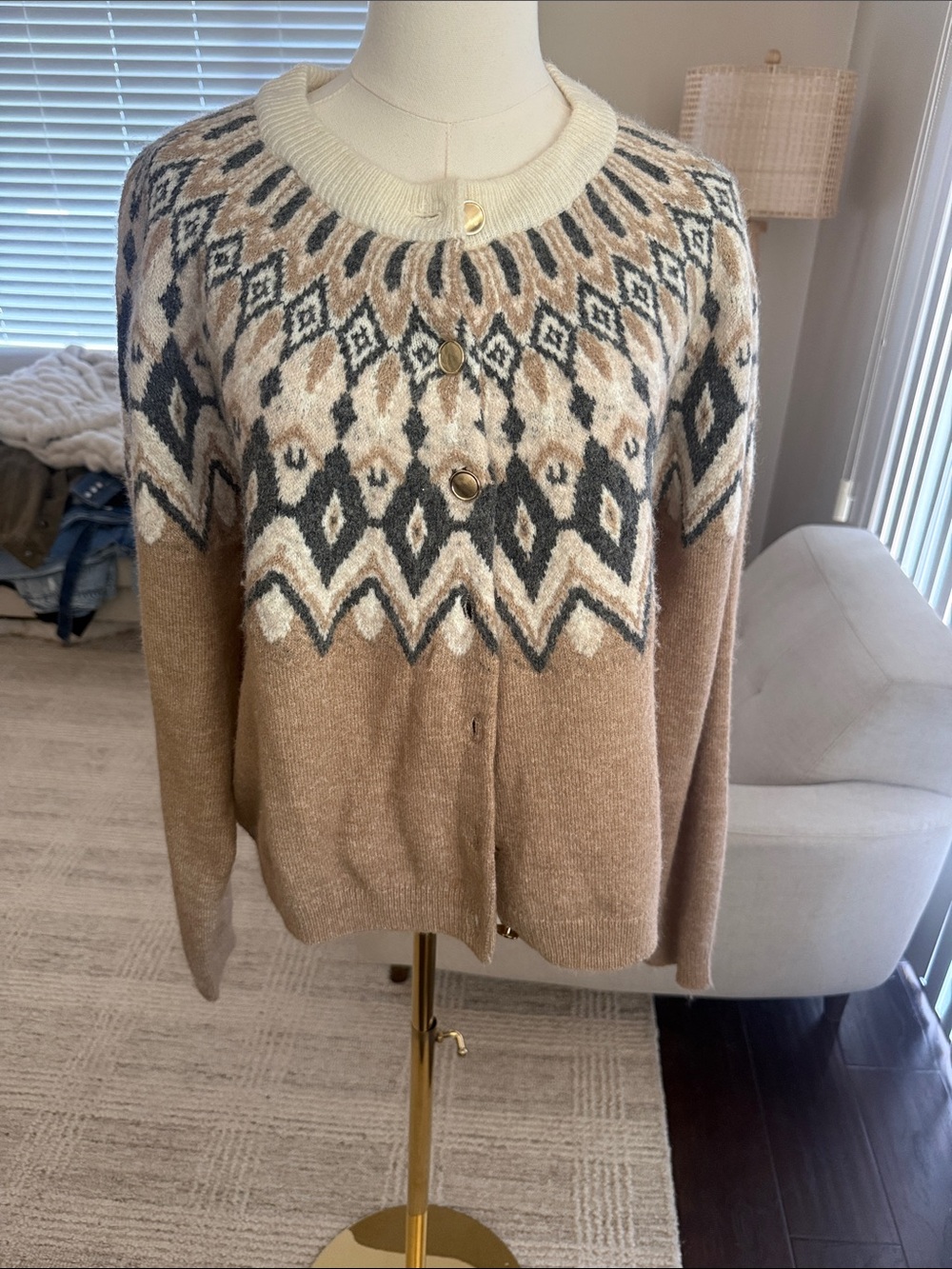 H&M Beige and Cream Fair Isle Knit Cardigan